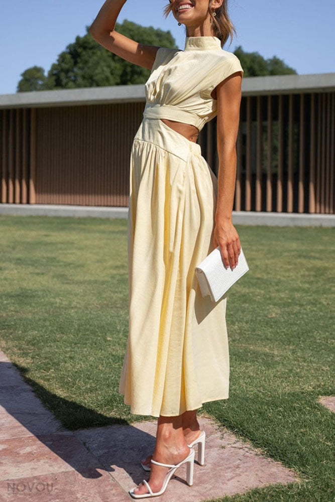 Elegant summer midi dress with roll neck and waist cut-out – Avelina-Black-S-State of Style