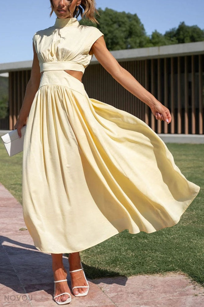Elegant summer midi dress with roll neck and waist cut-out – Avelina-Black-S-State of Style