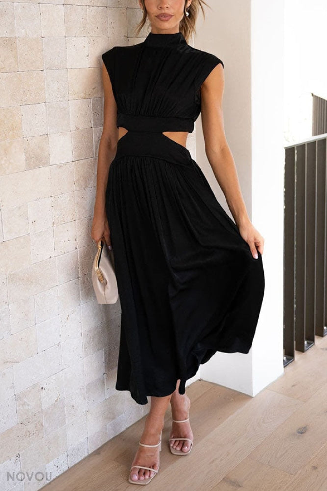 Elegant summer midi dress with roll neck and waist cut-out – Avelina-Black-S-State of Style
