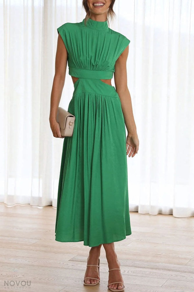 Elegant summer midi dress with roll neck and waist cut-out – Avelina-Black-S-State of Style