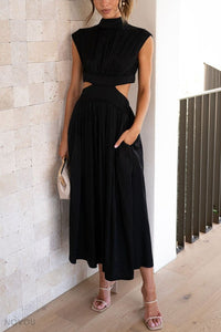 Elegant summer midi dress with roll neck and waist cut-out – Avelina-Black-S-State of Style
