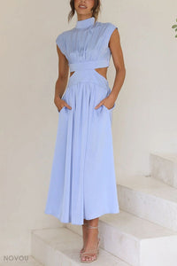 Elegant summer midi dress with roll neck and waist cut-out – Avelina-Blue-S-State of Style