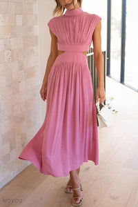 Elegant summer midi dress with roll neck and waist cut-out – Avelina-Pink-S-State of Style