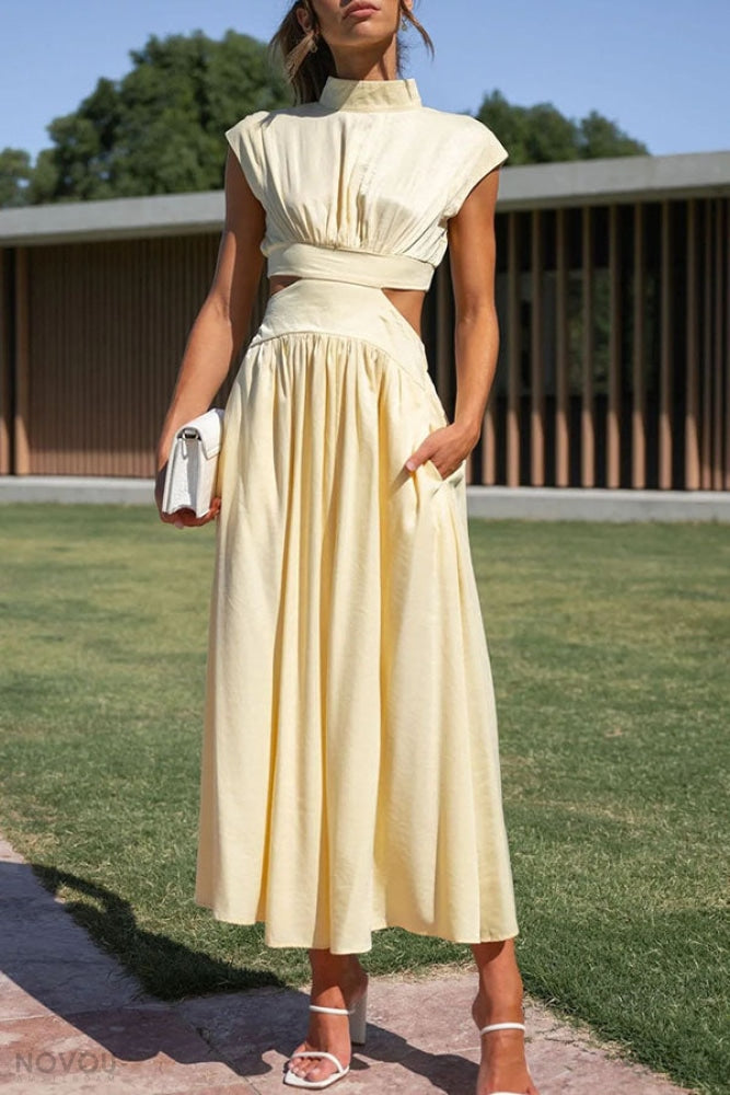 Elegant summer midi dress with roll neck and waist cut-out – Avelina-Yellow-S-State of Style