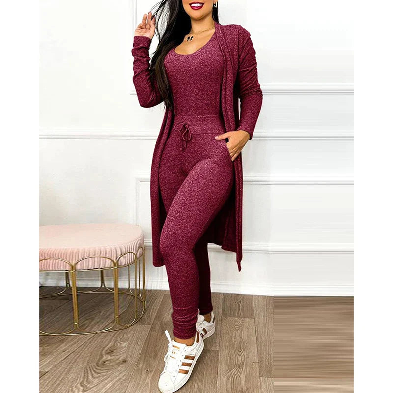 Elegant Two-Piece Jumpsuit | Fitted Leggings with Jacket-Wine Red-S-State of Style