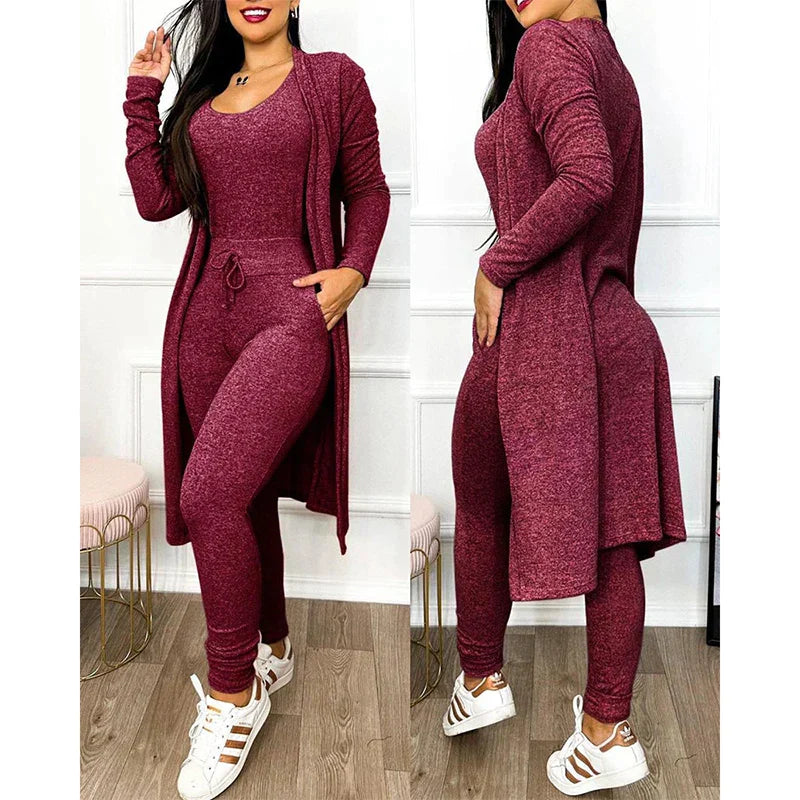 Elegant Two-Piece Jumpsuit | Fitted Leggings with Jacket-Wine Red-S-State of Style