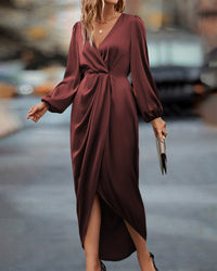 Elegant V-Neck Dress with Lantern Sleeves-S-State of Style
