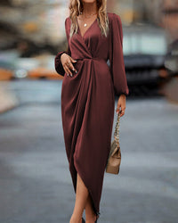 Elegant V-Neck Dress with Lantern Sleeves-S-State of Style