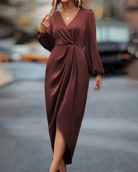 Elegant V-Neck Dress with Lantern Sleeves-S-State of Style