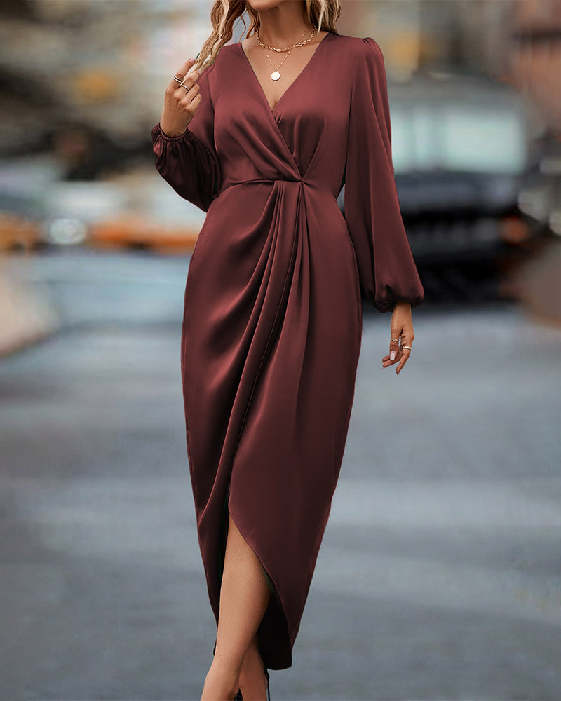 Elegant V-Neck Dress with Lantern Sleeves-S-State of Style