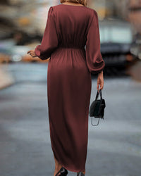 Elegant V-Neck Dress with Lantern Sleeves-S-State of Style