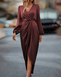 Elegant V-Neck Dress with Lantern Sleeves-S-State of Style