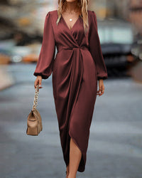 Elegant V-Neck Dress with Lantern Sleeves-S-State of Style