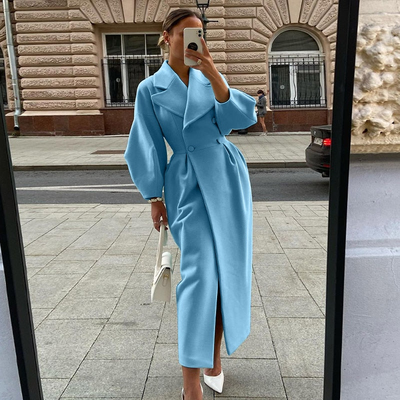 Elegant Women's Double-Breasted Wool Coat | Long Sleeves | Warm & Stylish-Blue-S-State of Style