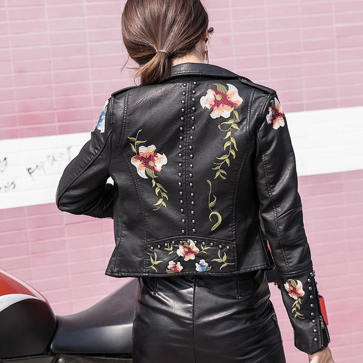 Embroidered women's faux leather biker jacket – Eleonora-Black-S-State of Style