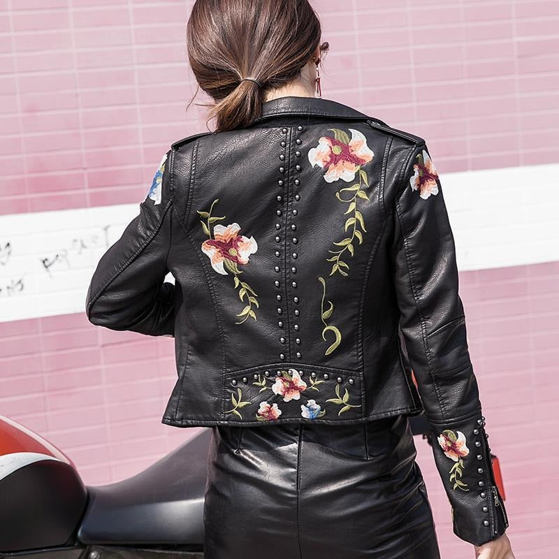 Embroidered women's faux leather biker jacket – Eleonora-Black-S-State of Style