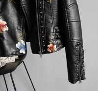 Embroidered women's faux leather biker jacket – Eleonora-Black-S-State of Style