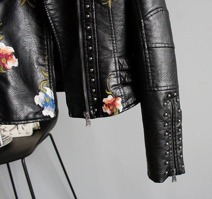 Embroidered women's faux leather biker jacket – Eleonora-Black-S-State of Style