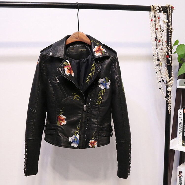 Embroidered women's faux leather biker jacket – Eleonora-Black-S-State of Style