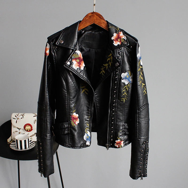 Embroidered women's faux leather biker jacket – Eleonora-Black-S-State of Style