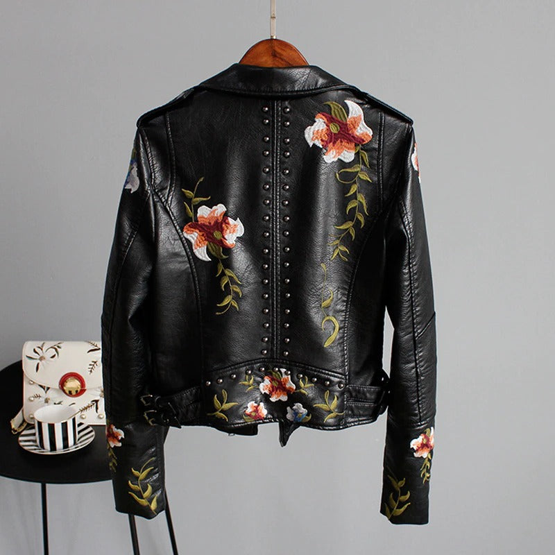 Embroidered women's faux leather biker jacket – Eleonora-Black-S-State of Style
