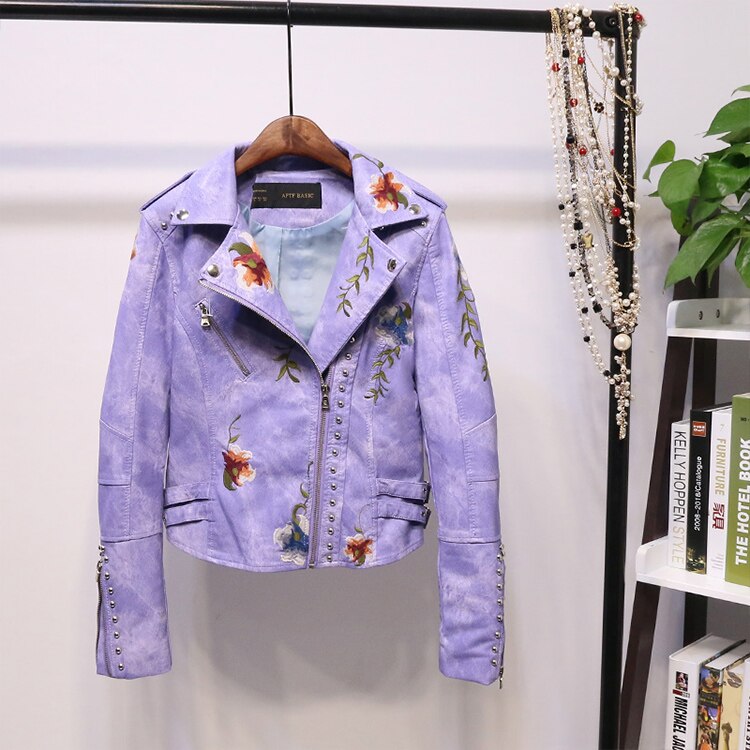 Embroidered women's faux leather biker jacket – Eleonora-Purple-S-State of Style