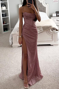Evening dress with glitter and thigh slit for ladies - Lorena-Pink-S-State of Style