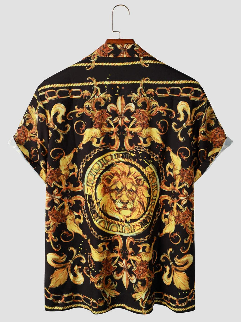 Expressive men's short-sleeved shirt with baroque pattern & lion motif – Dante-M-State of Style