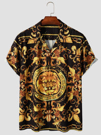 Expressive men's short-sleeved shirt with baroque pattern & lion motif – Dante-M-State of Style
