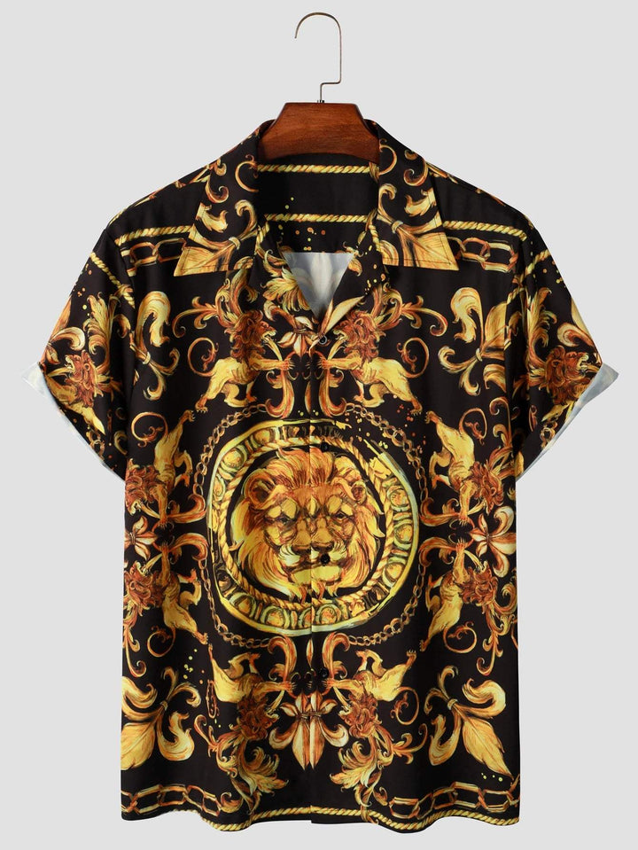 Expressive men's short-sleeved shirt with baroque pattern & lion motif – Dante-M-State of Style