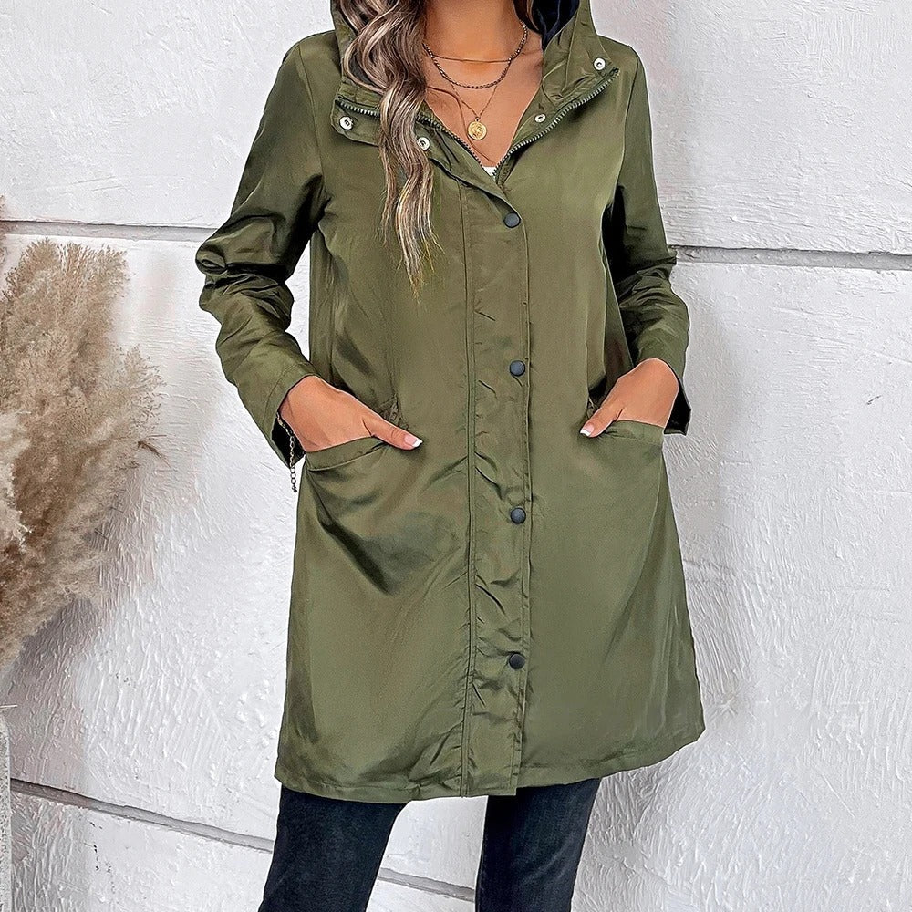 Ladies' long autumn coat with high collar & button tab – Leandra