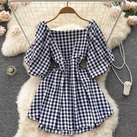 Fashionable women's dress with square neckline & puff sleeves - Selina-Black-State of Style