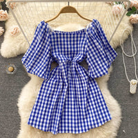 Fashionable women's dress with square neckline & puff sleeves - Selina-Blue-State of Style