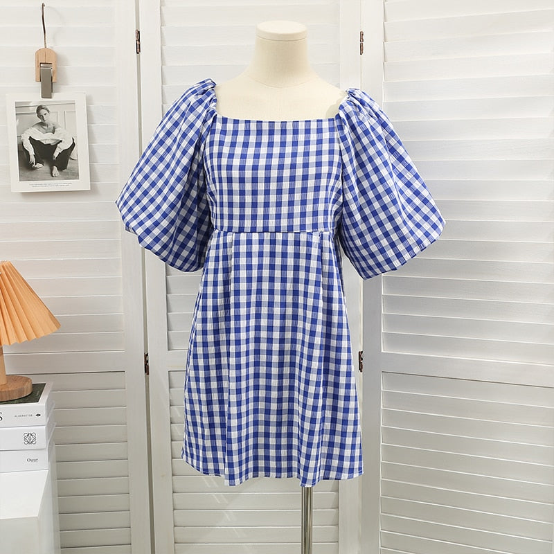 Fashionable women's dress with square neckline & puff sleeves - Selina-Green-State of Style