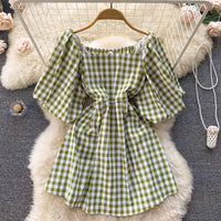 Fashionable women's dress with square neckline & puff sleeves - Selina-Green-State of Style