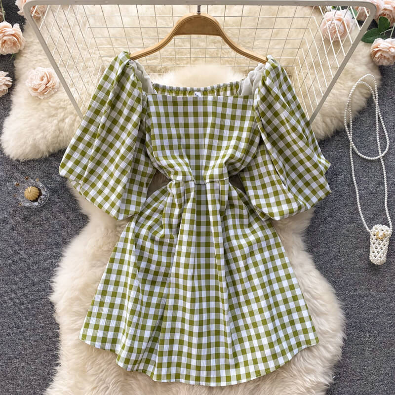 Fashionable women's dress with square neckline & puff sleeves - Selina-Green-State of Style