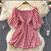 Fashionable women's dress with square neckline & puff sleeves - Selina-Red-State of Style