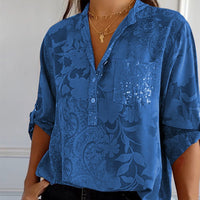 Fashionable women's top with V-neck and button placket – Amaya-Blue-S-State of Style