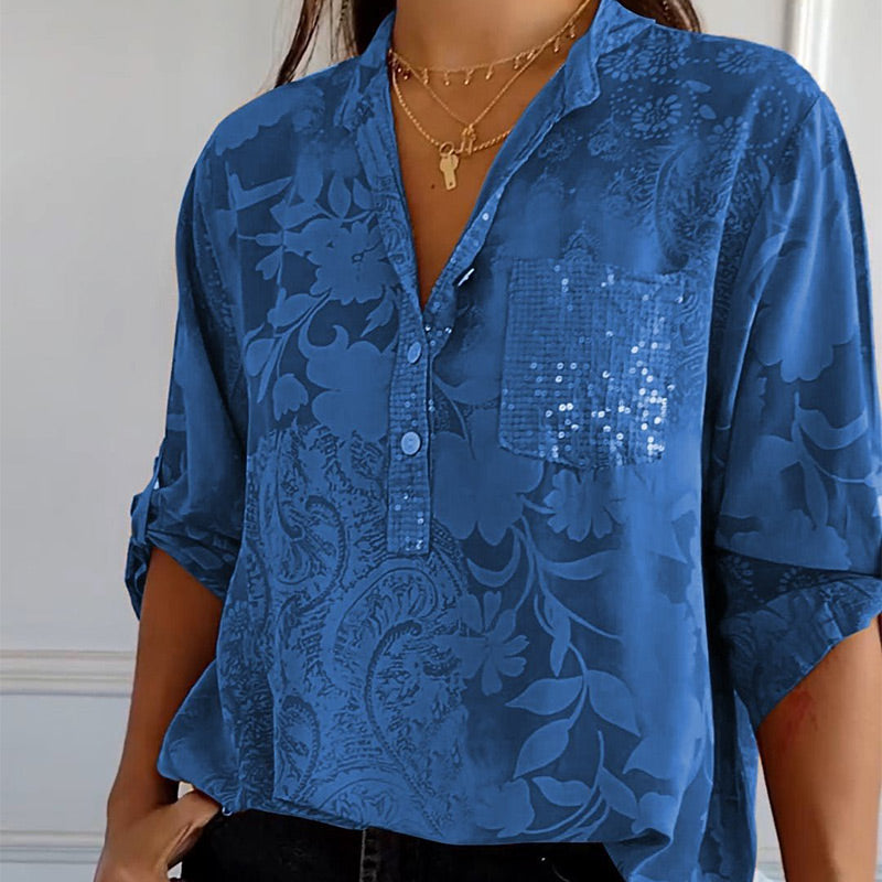 Fashionable women's top with V-neck and button placket – Amaya-Blue-S-State of Style