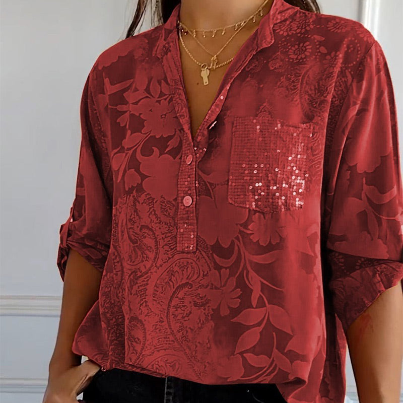 Fashionable women's top with V-neck and button placket – Amaya-Red-S-State of Style