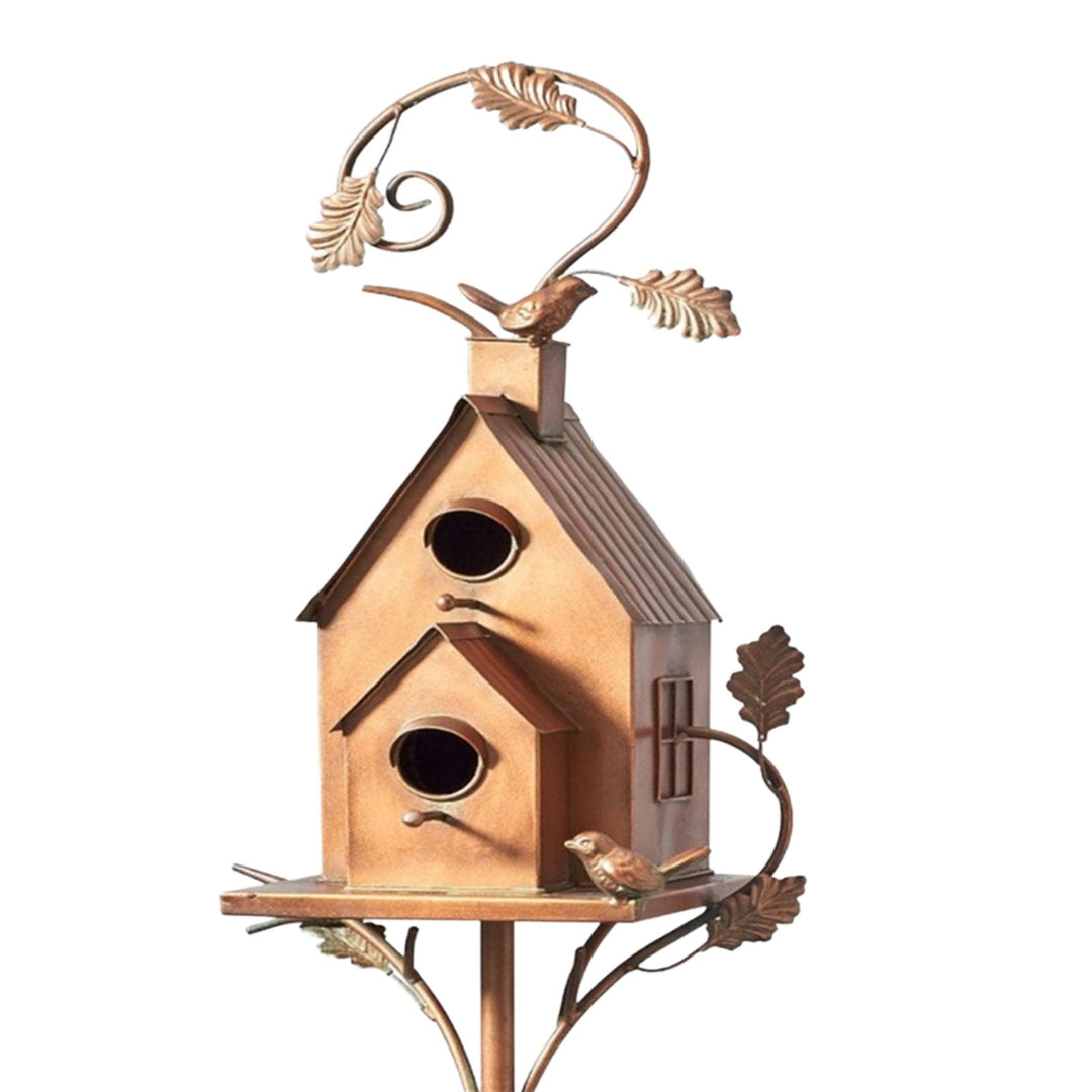 FeatherNest Metal Art Birdhouse on Garden Stake-House with double triangular roof-State of Style