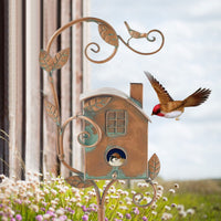 FeatherNest Metal Art Birdhouse on Garden Stake-House with fireplace and window-State of Style