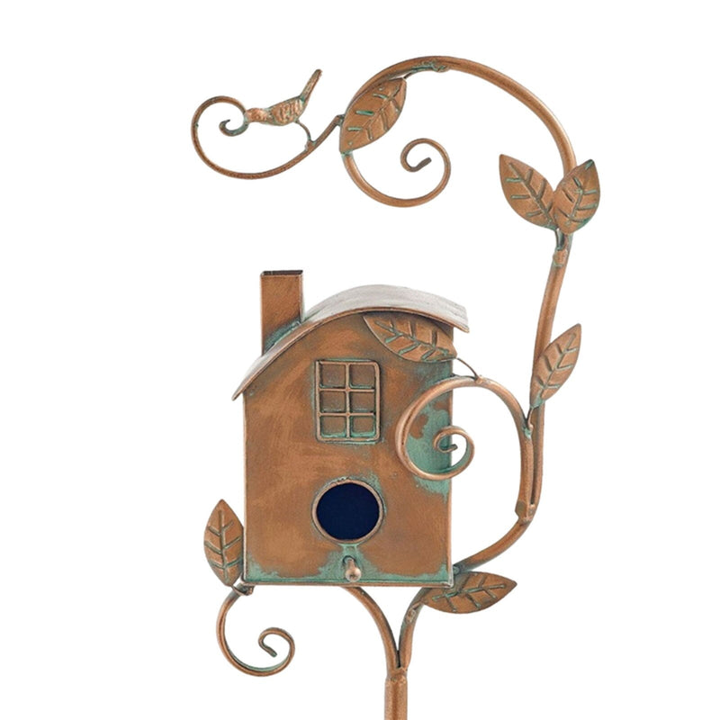 FeatherNest Metal Art Birdhouse on Garden Stake-House with fireplace and window-State of Style