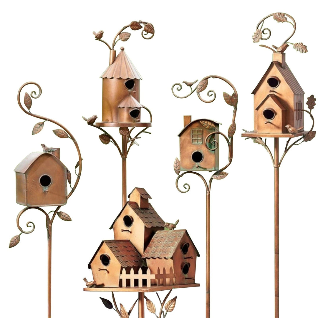 FeatherNest Metal Art Birdhouse on Garden Stake-House with fireplace and window-State of Style