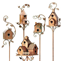 FeatherNest Metal Art Birdhouse on Garden Stake-House with fireplace and window-State of Style