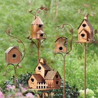 FeatherNest Metal Art Birdhouse on Garden Stake-House with fireplace and window-State of Style
