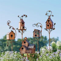 FeatherNest Metal Art Birdhouse on Garden Stake-House with fireplace and window-State of Style
