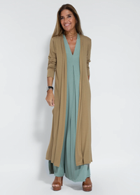 Figure-hugging dress with waistcoat – Valentina-Turquoise dress + brown vest-S-State of Style