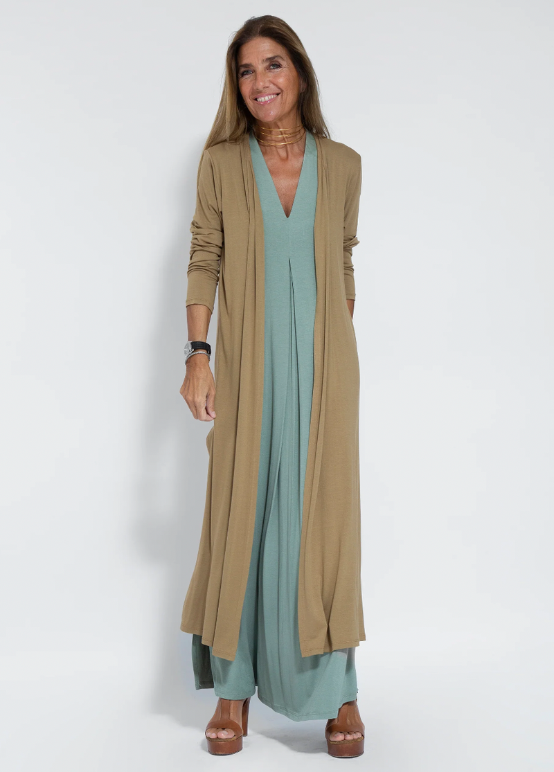 Figure-hugging dress with waistcoat – Valentina-Turquoise dress + brown vest-S-State of Style