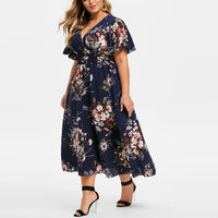 Floral Chiffon Plus Size Dress-Navy Blue-L-State of Style